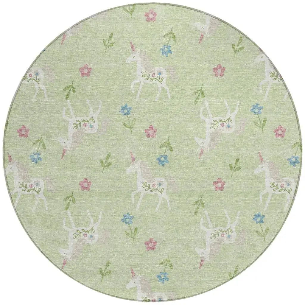 8' Mint Green And Ivory Round Floral Washable Indoor Outdoor Area Rug Homeroots Outdoor