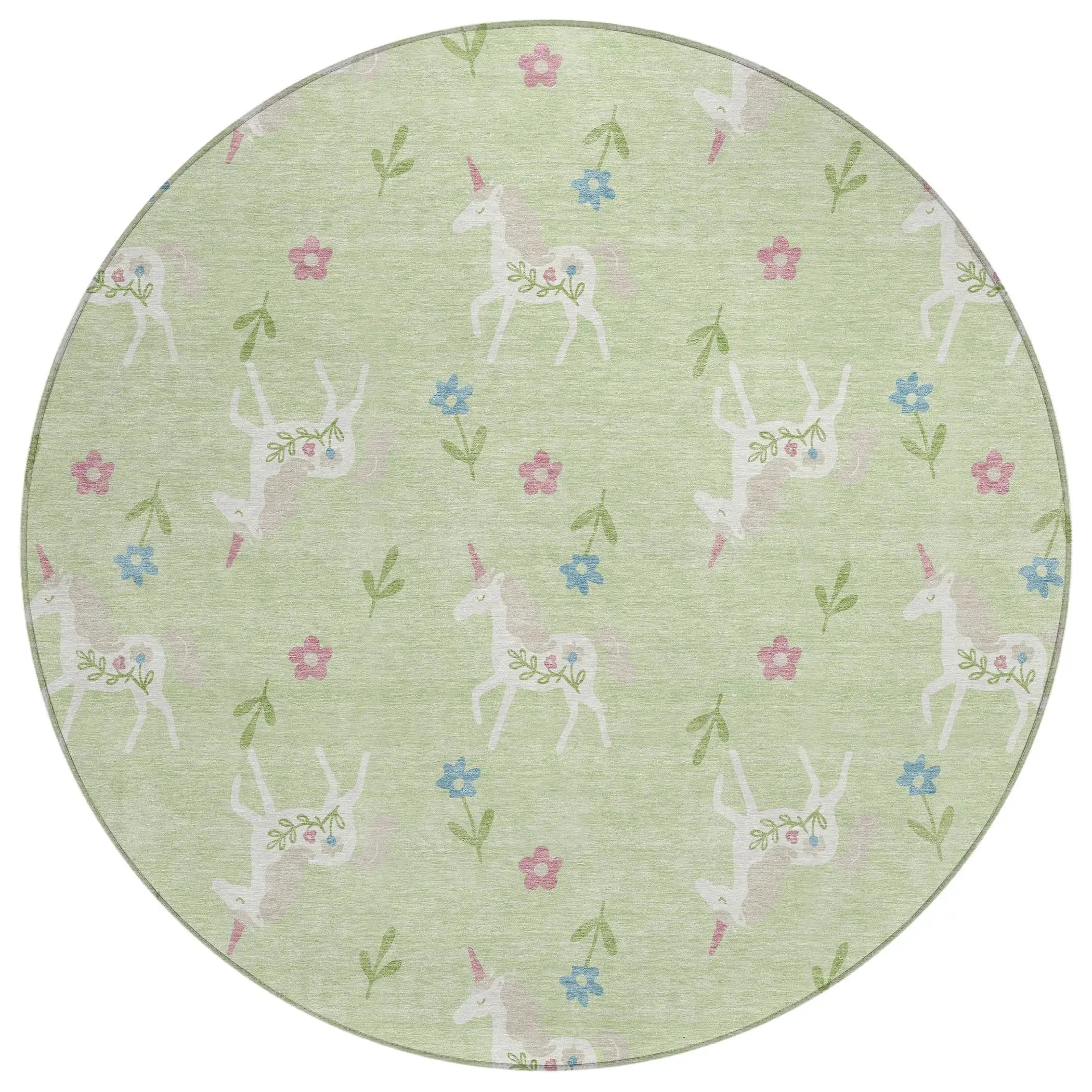 8' Mint Green And Ivory Round Floral Washable Indoor Outdoor Area Rug Homeroots Outdoor