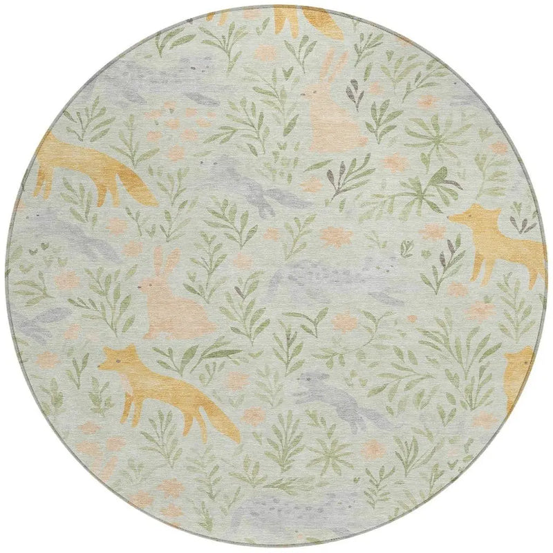 8' Mint Green And Pink Round Botanical Leaves Washable Indoor Outdoor Area Rug Homeroots Outdoor