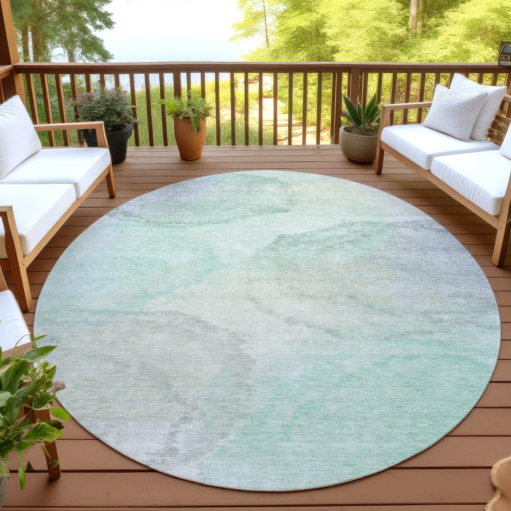 8' Mint Green And Teal Blue Round Abstract Washable Indoor Outdoor Area Rug Homeroots Outdoor