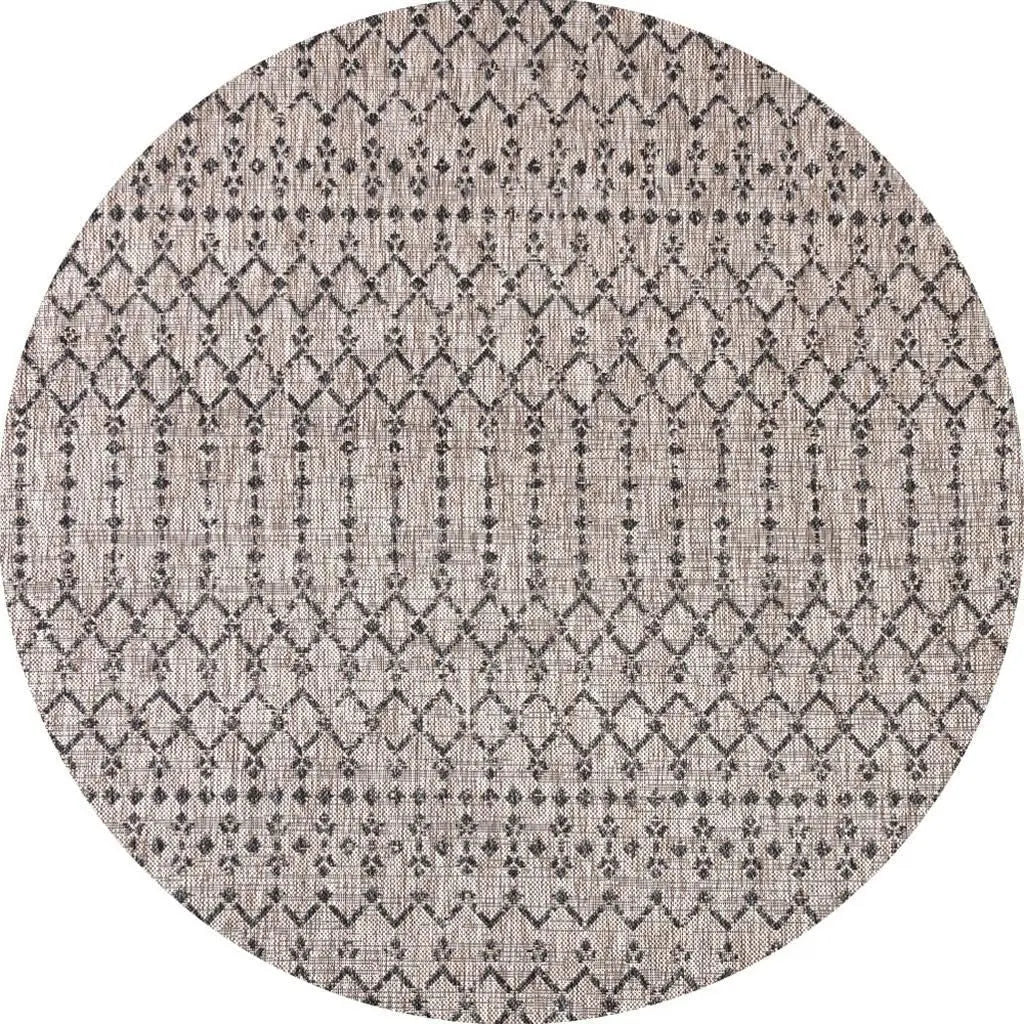 8' Natural And Black Round Trellis Indoor Outdoor Area Rug - GreatEagleInc