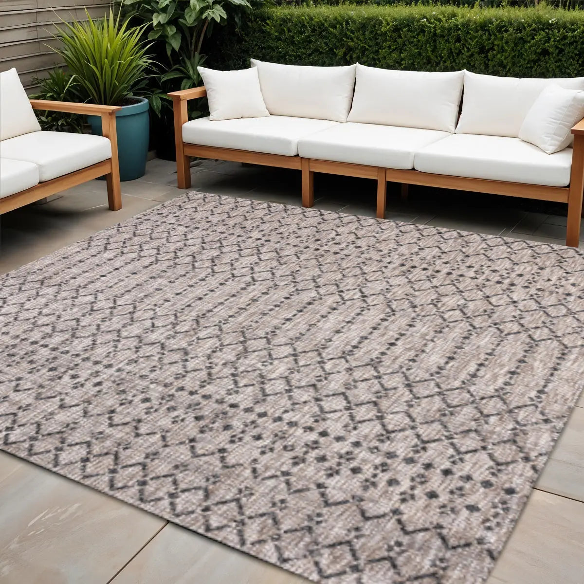 8' Natural And Black Square Trellis Indoor Outdoor Area Rug Homeroots Outdoor