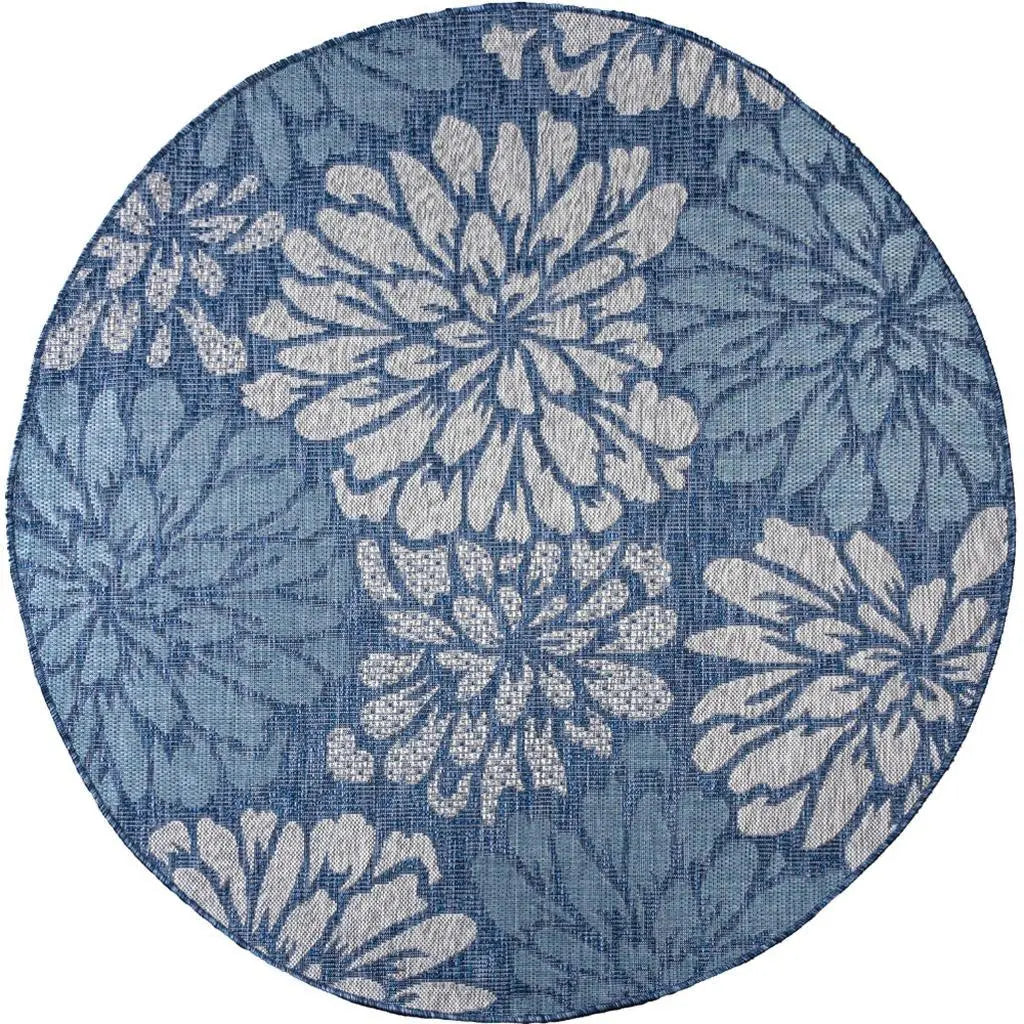 8' Navy Blue And Aqua Round Floral Indoor Outdoor Area Rug Homeroots Outdoor