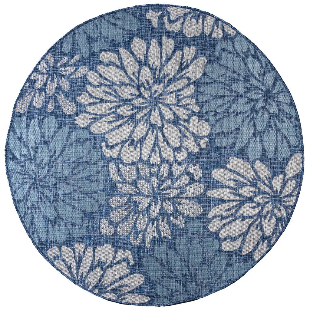 8' Navy Blue And Aqua Round Floral Indoor Outdoor Area Rug Homeroots Outdoor
