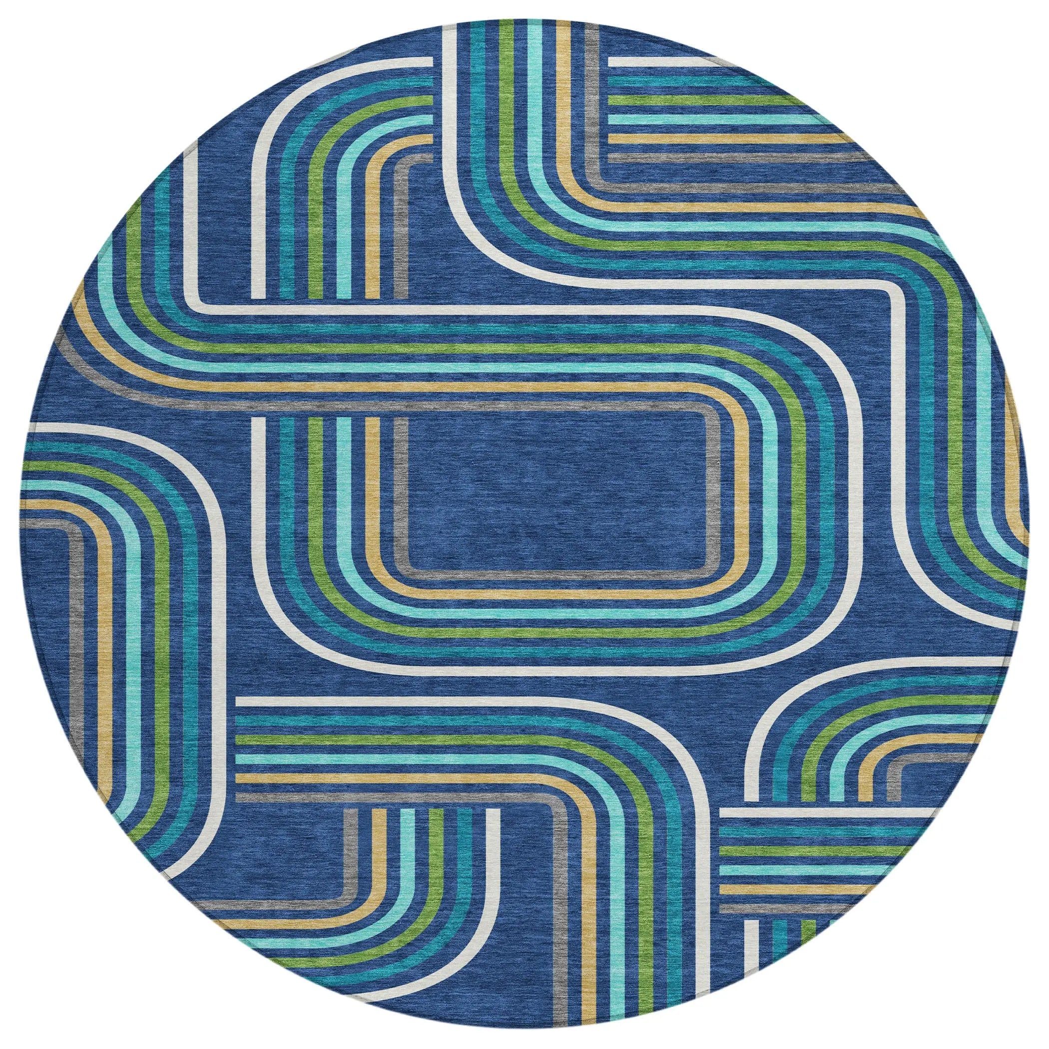 8' Navy Blue And Aqua Round Geometric Washable Indoor Outdoor Area Rug Homeroots Outdoor