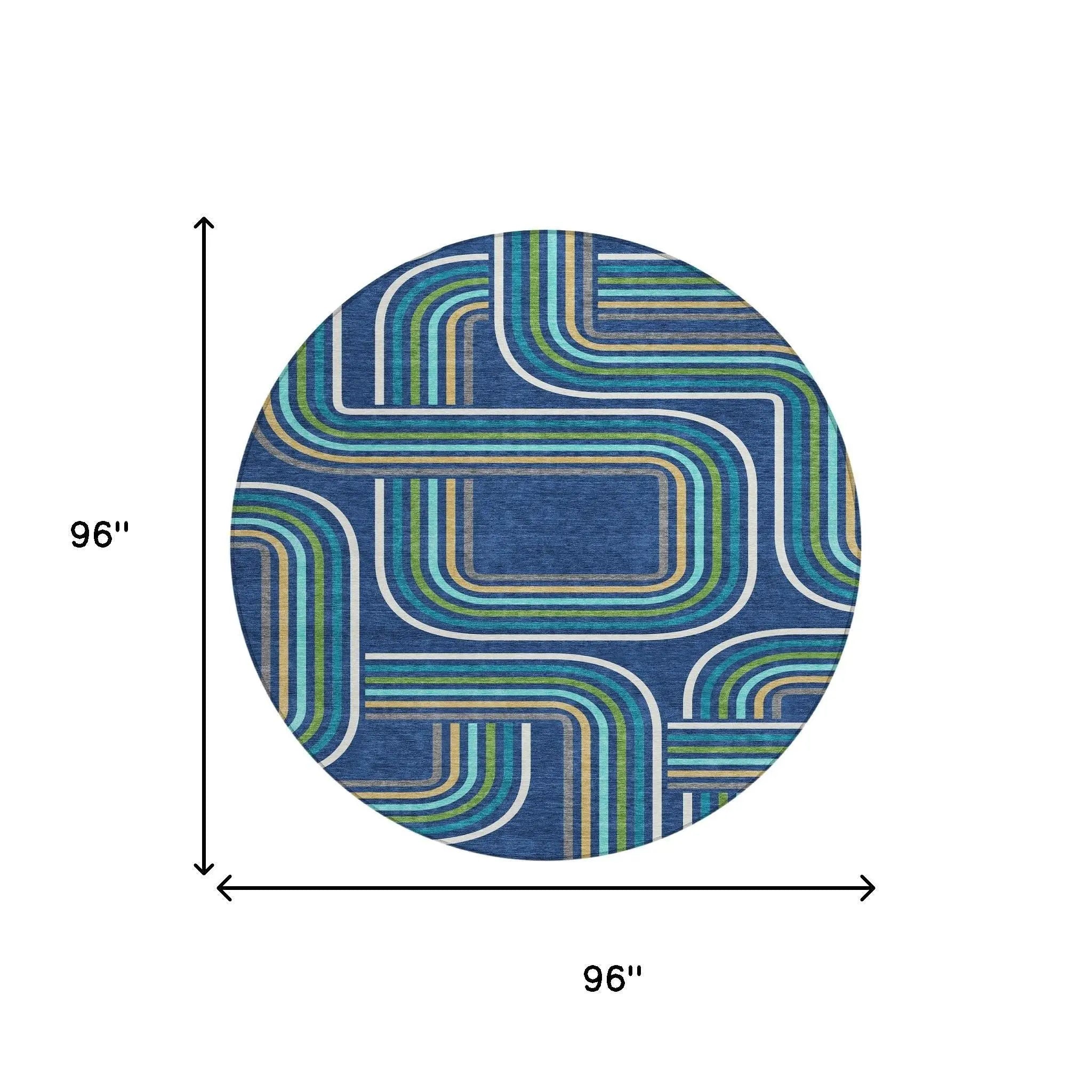 8' Navy Blue And Aqua Round Geometric Washable Indoor Outdoor Area Rug Homeroots Outdoor