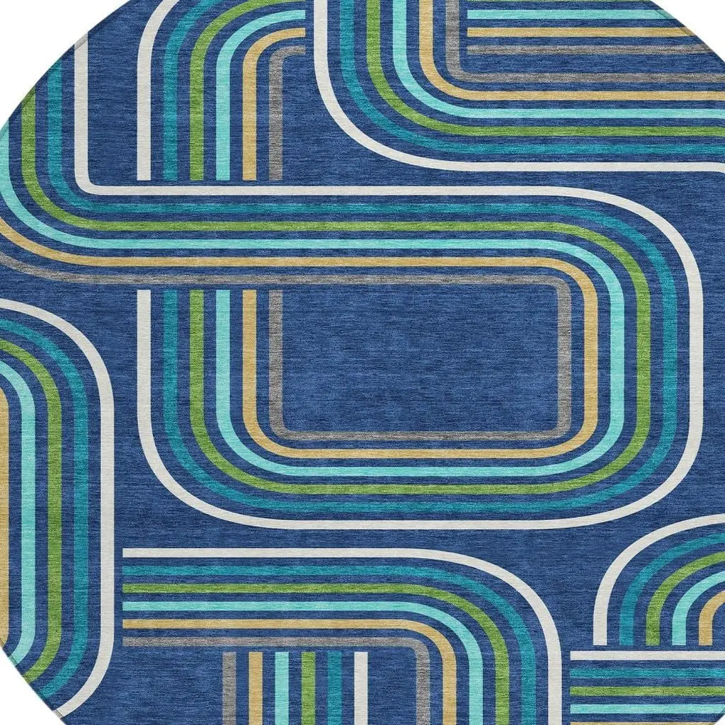 8' Navy Blue And Aqua Round Geometric Washable Indoor Outdoor Area Rug Homeroots Outdoor