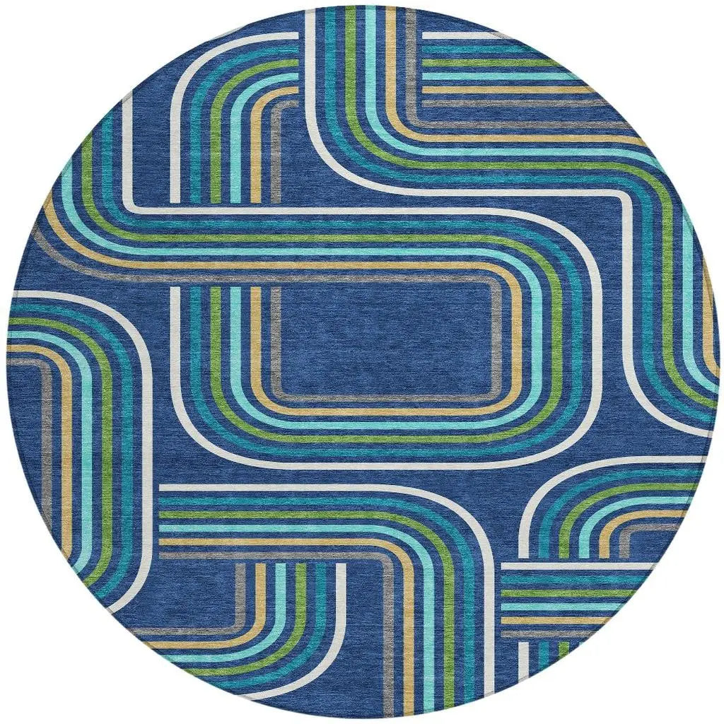 8' Navy Blue And Aqua Round Geometric Washable Indoor Outdoor Area Rug Homeroots Outdoor