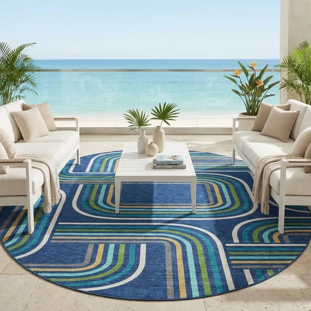 8' Navy Blue And Aqua Round Geometric Washable Indoor Outdoor Area Rug Homeroots Outdoor