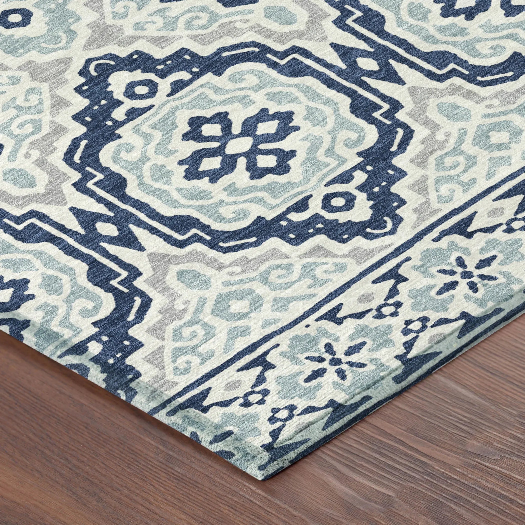 8' Navy Blue And Aqua Round Tribal Washable Indoor Outdoor Area Rug Homeroots Outdoor
