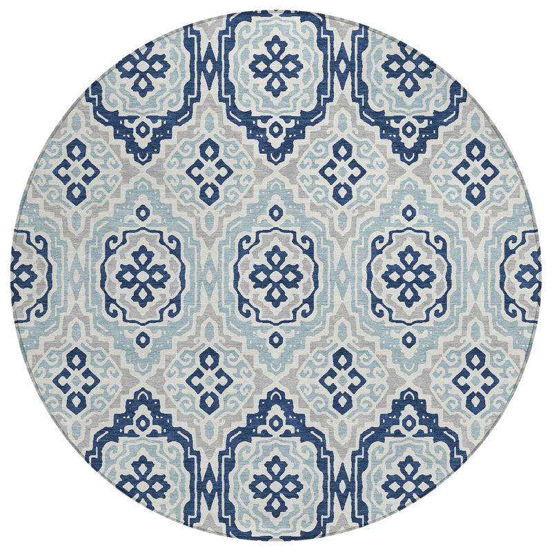 8' Navy Blue And Aqua Round Tribal Washable Indoor Outdoor Area Rug Homeroots Outdoor