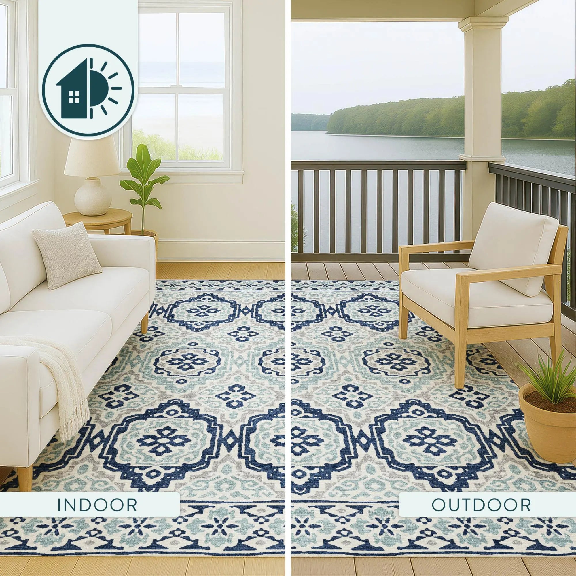 8' Navy Blue And Aqua Round Tribal Washable Indoor Outdoor Area Rug Homeroots Outdoor