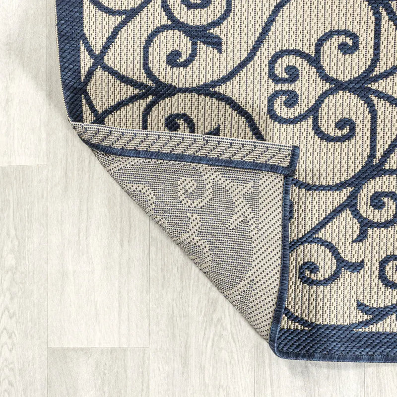 8' Navy Blue And Beige Geometric Indoor Outdoor Runner Rug Homeroots Outdoor