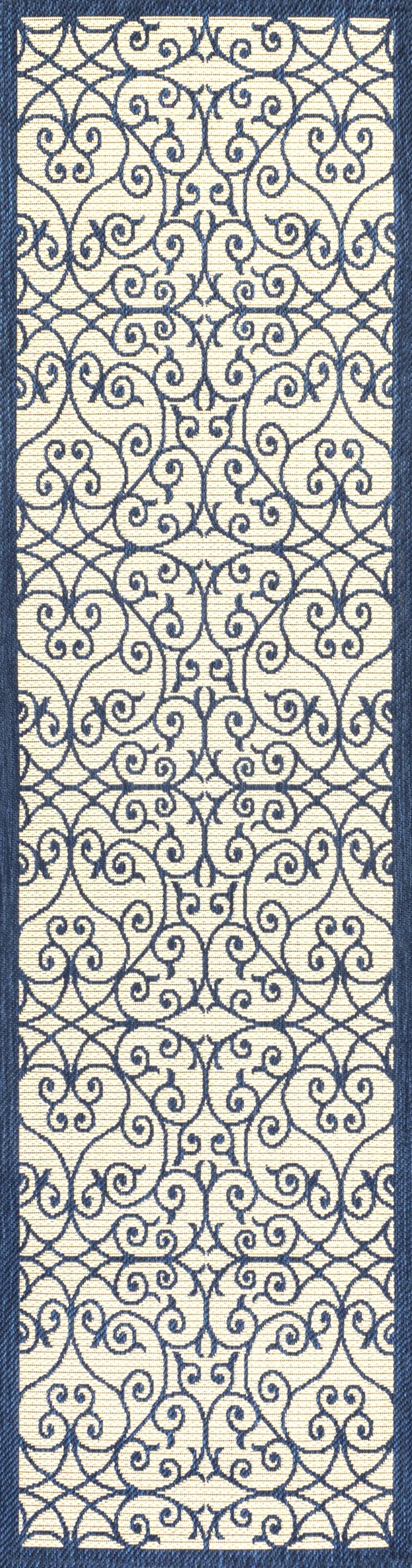 8' Navy Blue And Beige Geometric Indoor Outdoor Runner Rug Homeroots Outdoor