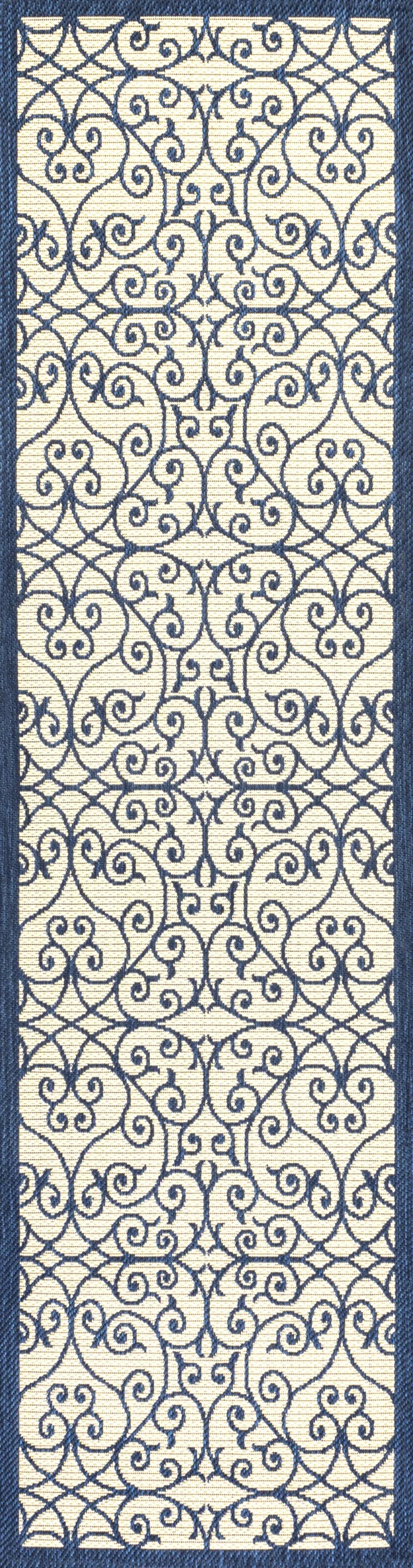 8' Navy Blue And Beige Geometric Indoor Outdoor Runner Rug Homeroots Outdoor
