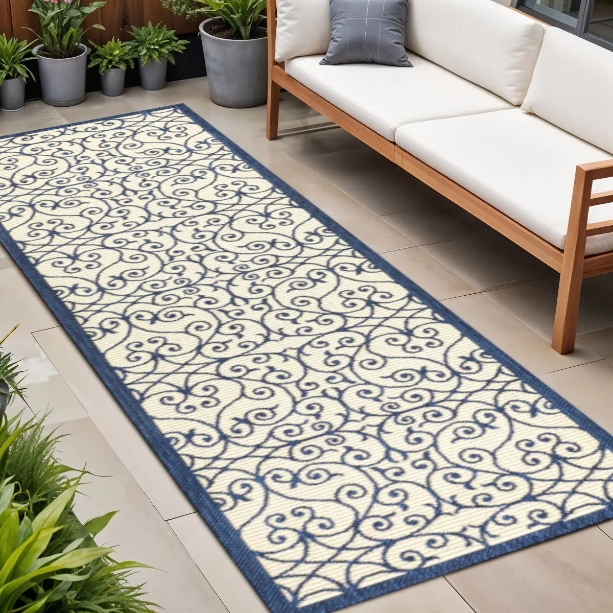 8' Navy Blue And Beige Geometric Indoor Outdoor Runner Rug Homeroots Outdoor