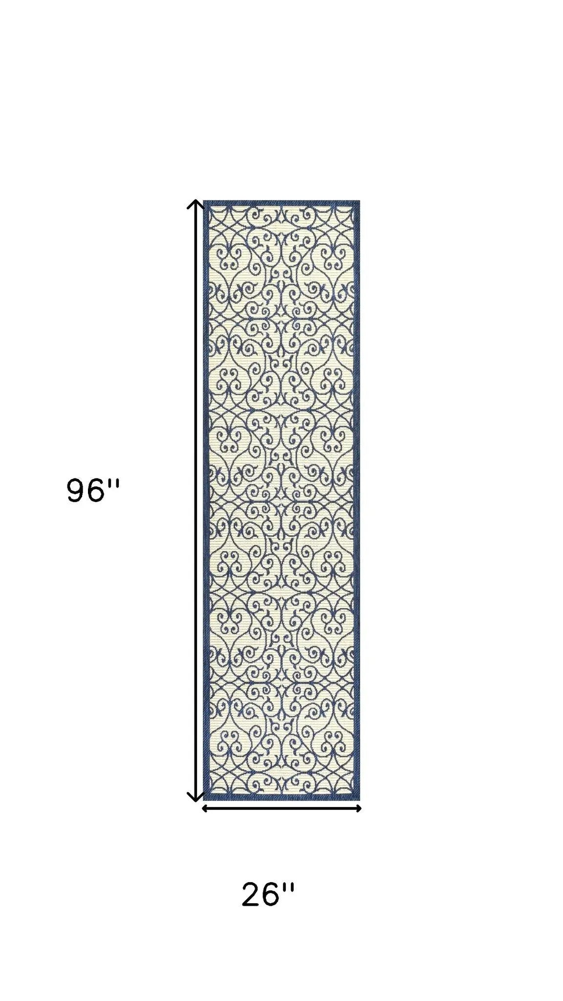 8' Navy Blue And Beige Geometric Indoor Outdoor Runner Rug Homeroots Outdoor