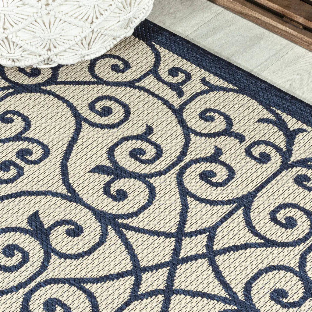 8' Navy Blue And Beige Geometric Indoor Outdoor Runner Rug Homeroots Outdoor
