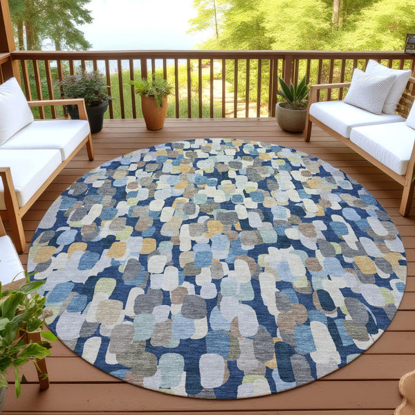 8' Navy Blue And Beige Round Abstract Washable Indoor Outdoor Area Rug Homeroots Outdoor