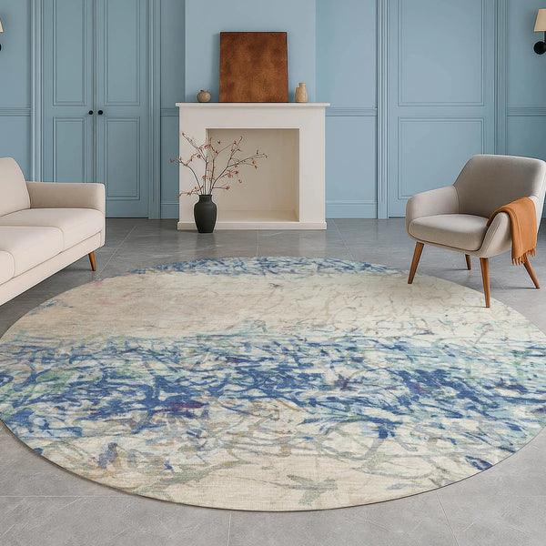 8' Navy Blue And Beige Round Abstract Washable Indoor Outdoor Area Rug Homeroots Outdoor