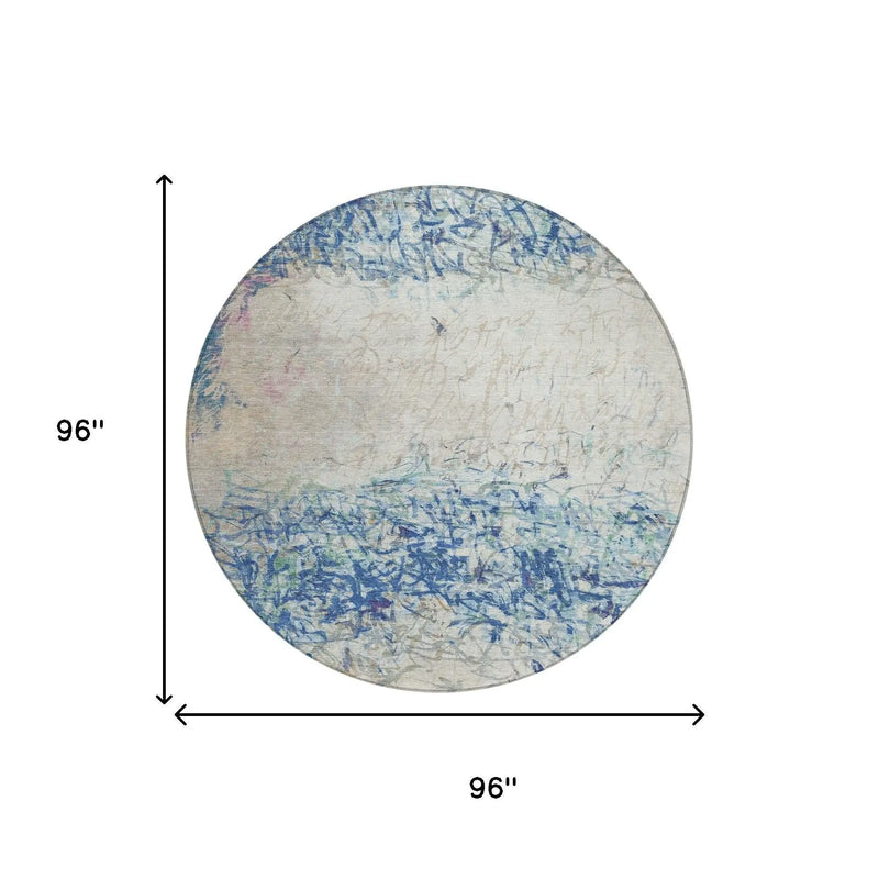 8' Navy Blue And Beige Round Abstract Washable Indoor Outdoor Area Rug Homeroots Outdoor