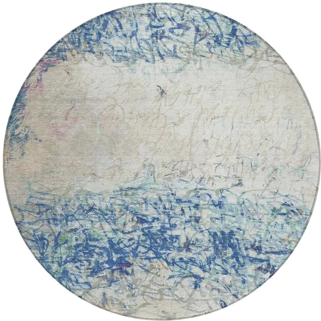 8' Navy Blue And Beige Round Abstract Washable Indoor Outdoor Area Rug Homeroots Outdoor