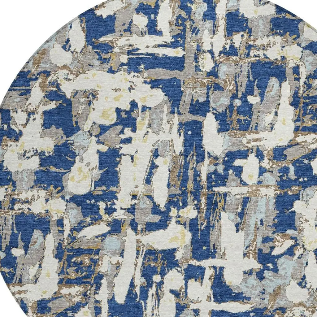 8' Navy Blue And Beige Round Abstract Washable Indoor Outdoor Area Rug Homeroots Outdoor