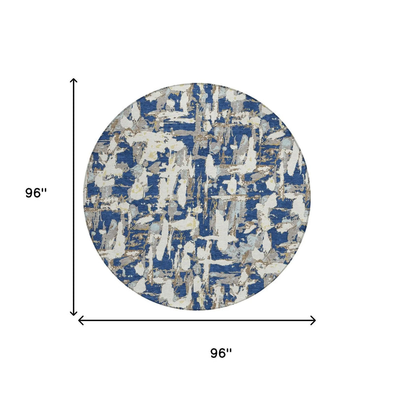 8' Navy Blue And Beige Round Abstract Washable Indoor Outdoor Area Rug Homeroots Outdoor