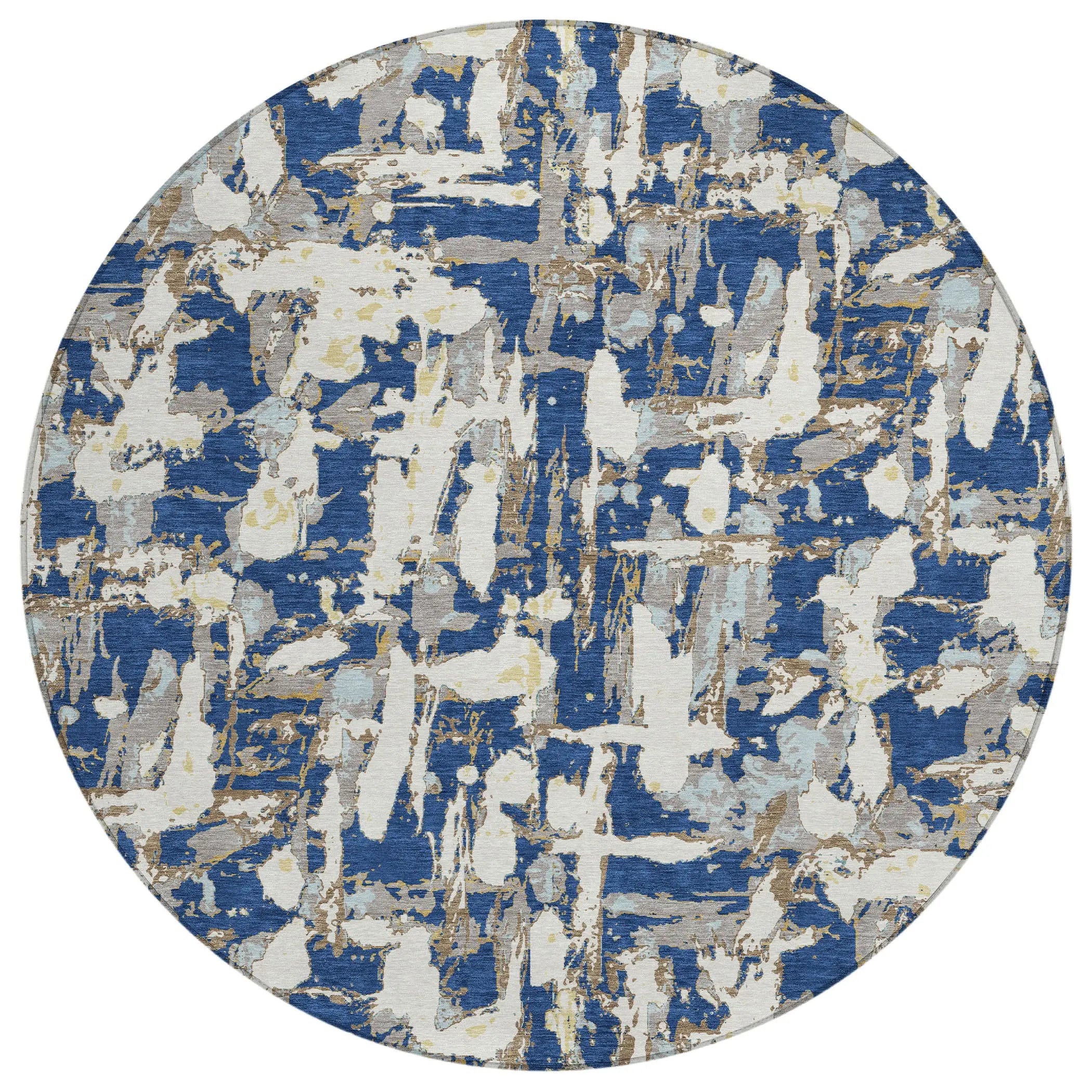 8' Navy Blue And Beige Round Abstract Washable Indoor Outdoor Area Rug Homeroots Outdoor