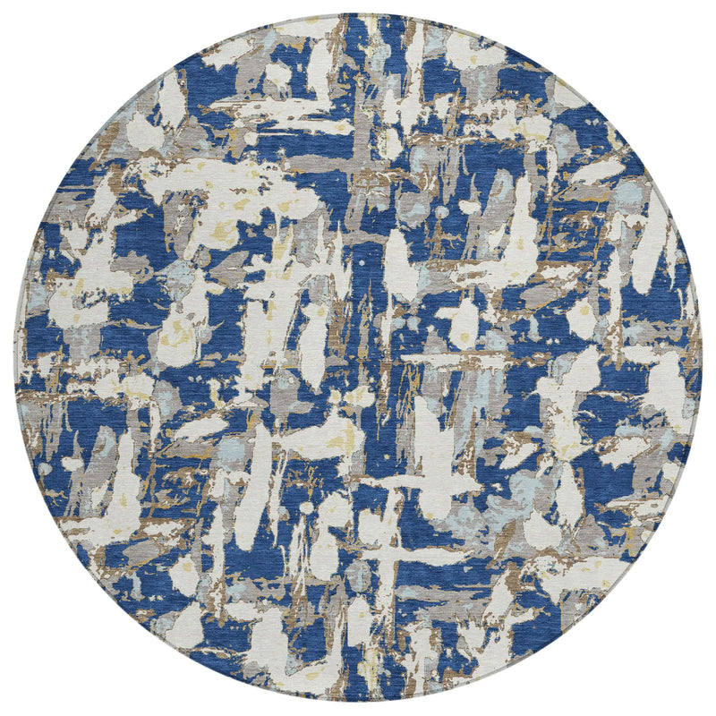 8' Navy Blue And Beige Round Abstract Washable Indoor Outdoor Area Rug Homeroots Outdoor