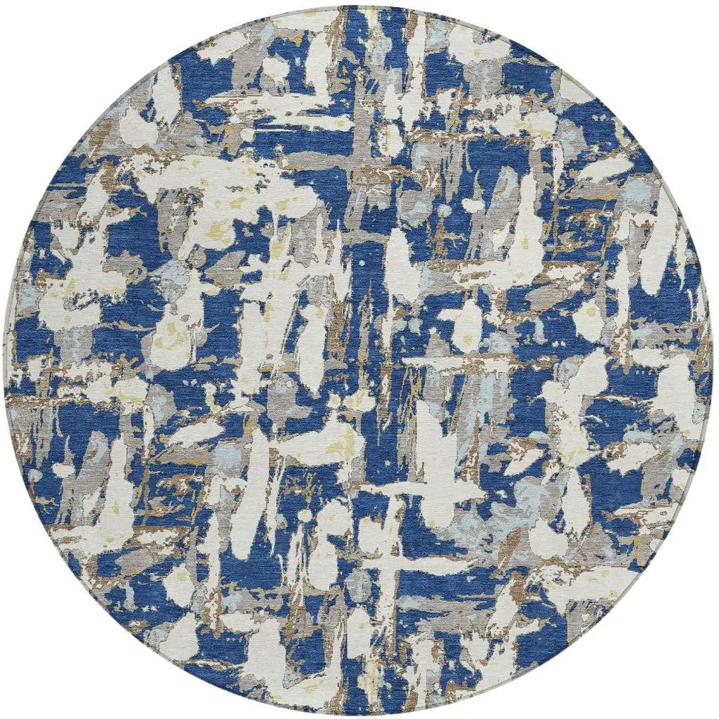 8' Navy Blue And Beige Round Abstract Washable Indoor Outdoor Area Rug Homeroots Outdoor