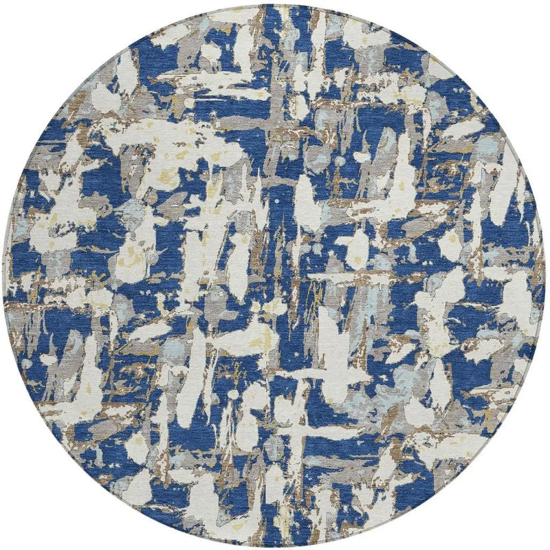 8' Navy Blue And Beige Round Abstract Washable Indoor Outdoor Area Rug Homeroots Outdoor