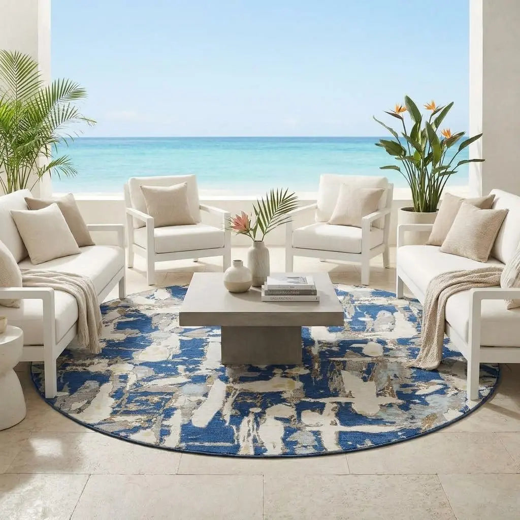 8' Navy Blue And Beige Round Abstract Washable Indoor Outdoor Area Rug Homeroots Outdoor