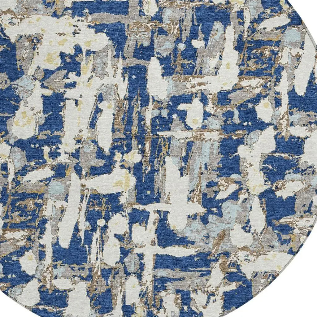 8' Navy Blue And Beige Round Abstract Washable Indoor Outdoor Area Rug Homeroots Outdoor