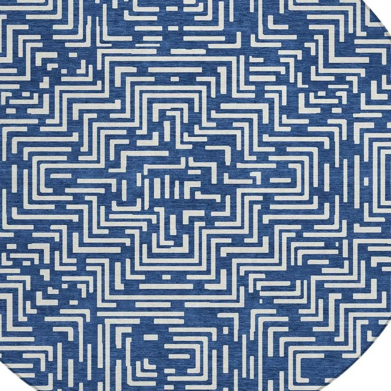 8' Navy Blue And Beige Round Geometric Washable Indoor Outdoor Area Rug Homeroots Outdoor