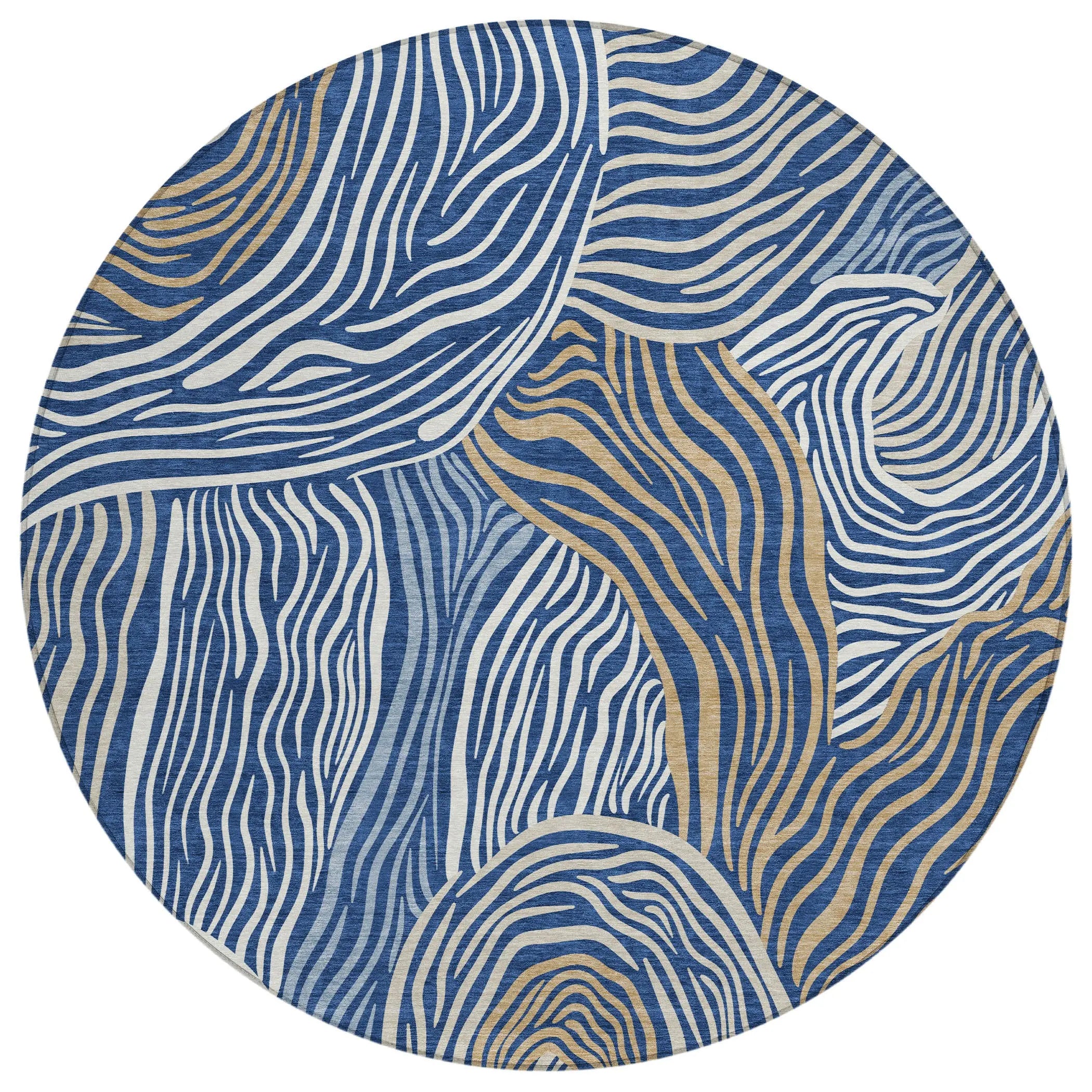 8' Navy Blue And Beige Round Ikat Washable Indoor Outdoor Area Rug Homeroots Outdoor