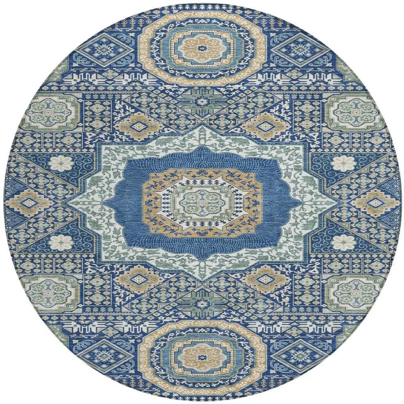 8' Navy Blue And Beige Round Oriental Washable Indoor Outdoor Area Rug Homeroots Outdoor