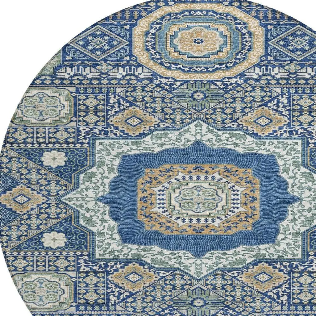 8' Navy Blue And Beige Round Oriental Washable Indoor Outdoor Area Rug Homeroots Outdoor