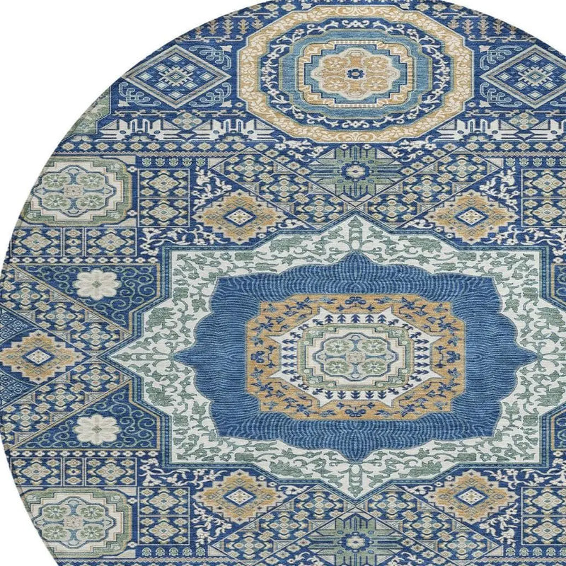 8' Navy Blue And Beige Round Oriental Washable Indoor Outdoor Area Rug Homeroots Outdoor