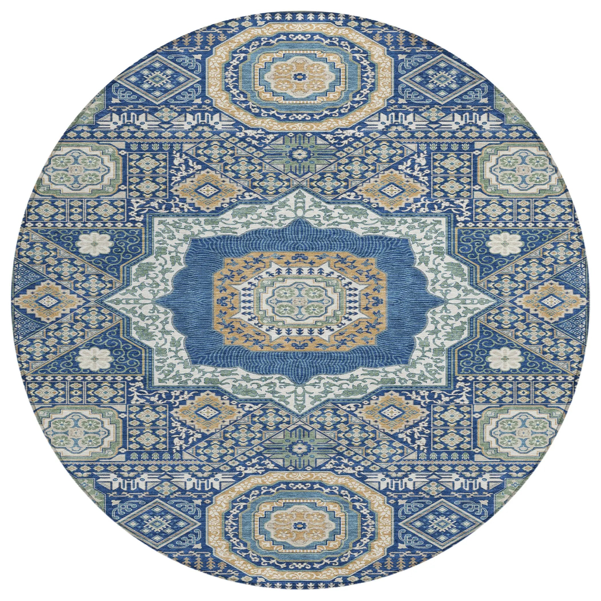 8' Navy Blue And Beige Round Oriental Washable Indoor Outdoor Area Rug Homeroots Outdoor