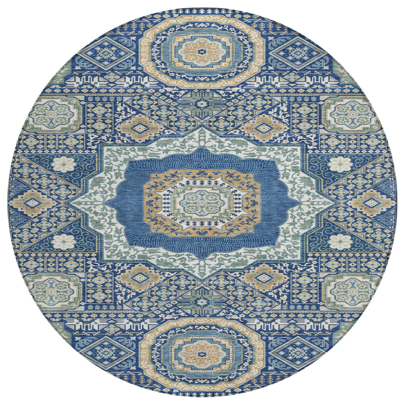8' Navy Blue And Beige Round Oriental Washable Indoor Outdoor Area Rug Homeroots Outdoor