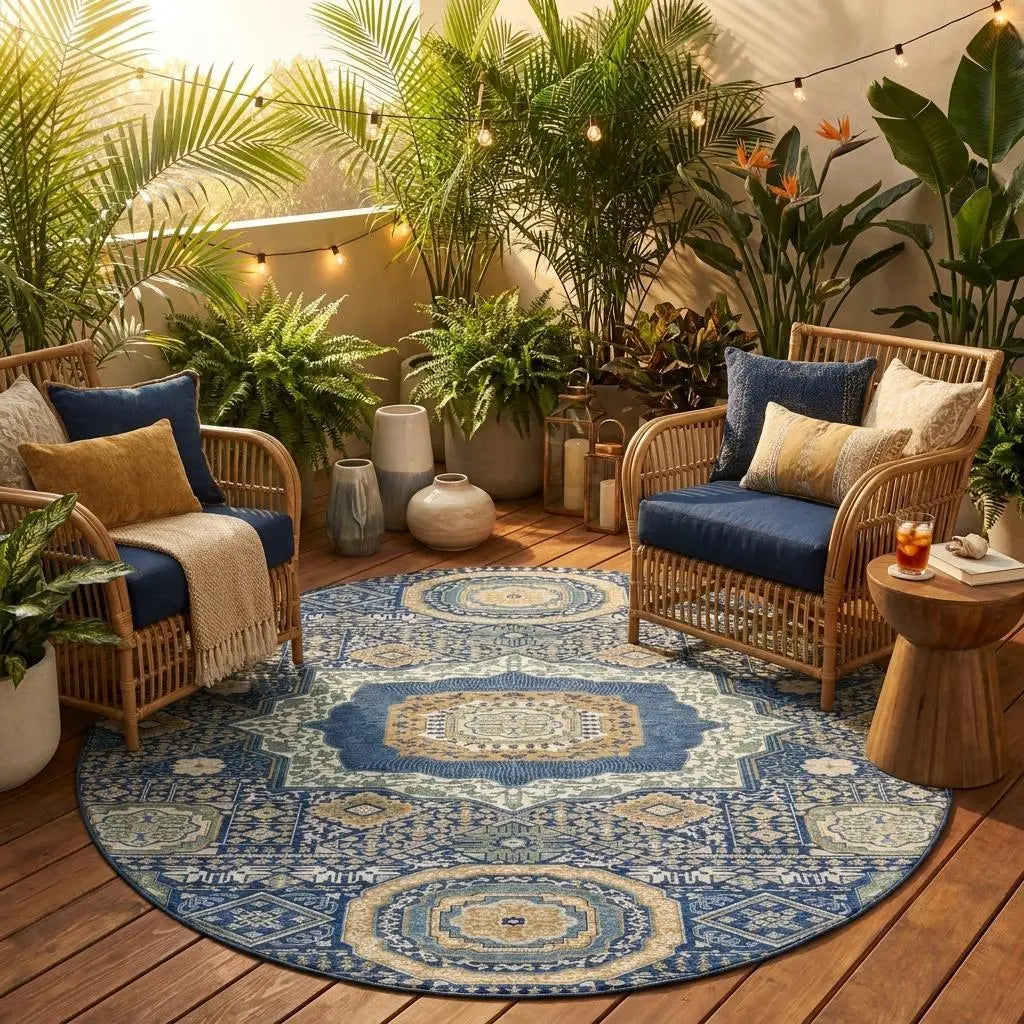 8' Navy Blue And Beige Round Oriental Washable Indoor Outdoor Area Rug Homeroots Outdoor