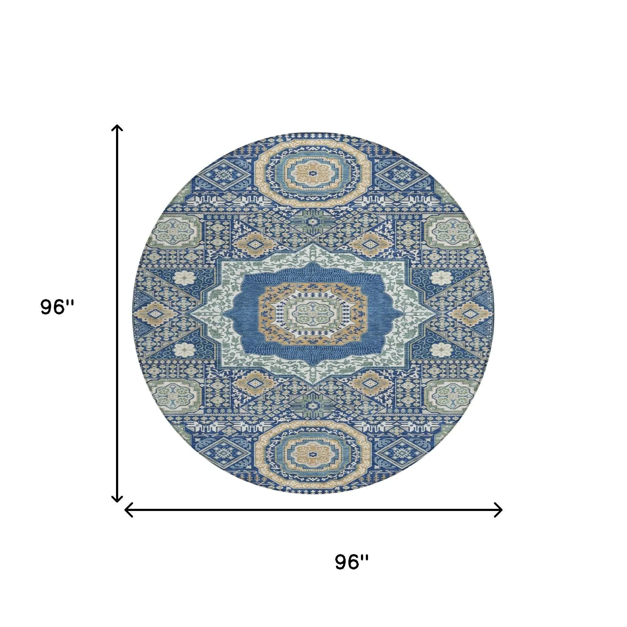 8' Navy Blue And Beige Round Oriental Washable Indoor Outdoor Area Rug Homeroots Outdoor