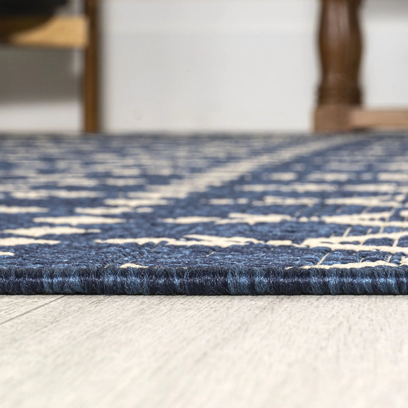 8' Navy Blue And Beige Round Trellis Indoor Outdoor Area Rug Homeroots Outdoor