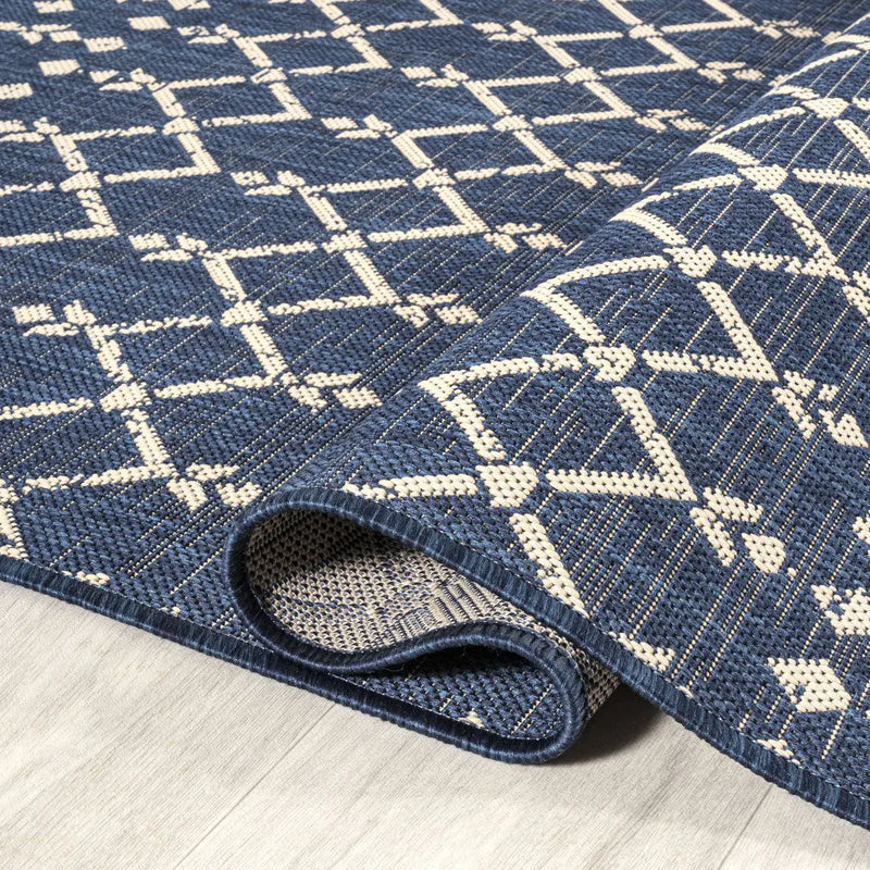 8' Navy Blue And Beige Round Trellis Indoor Outdoor Area Rug Homeroots Outdoor