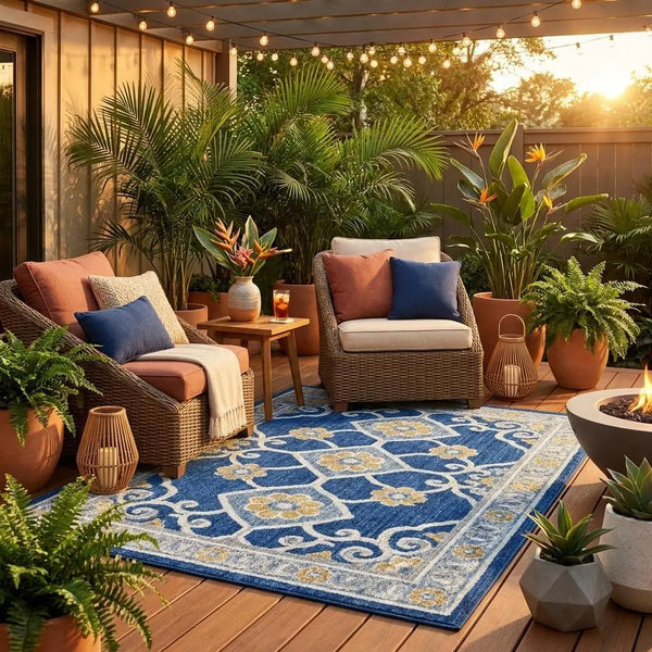 8' Navy Blue And Beige Round Tribal Washable Indoor Outdoor Area Rug Homeroots Outdoor