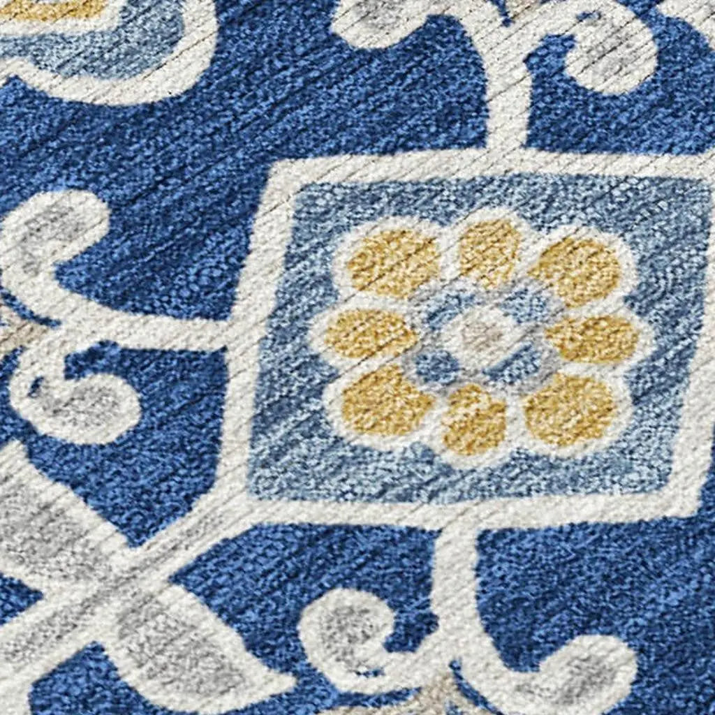 8' Navy Blue And Beige Round Tribal Washable Indoor Outdoor Area Rug Homeroots Outdoor