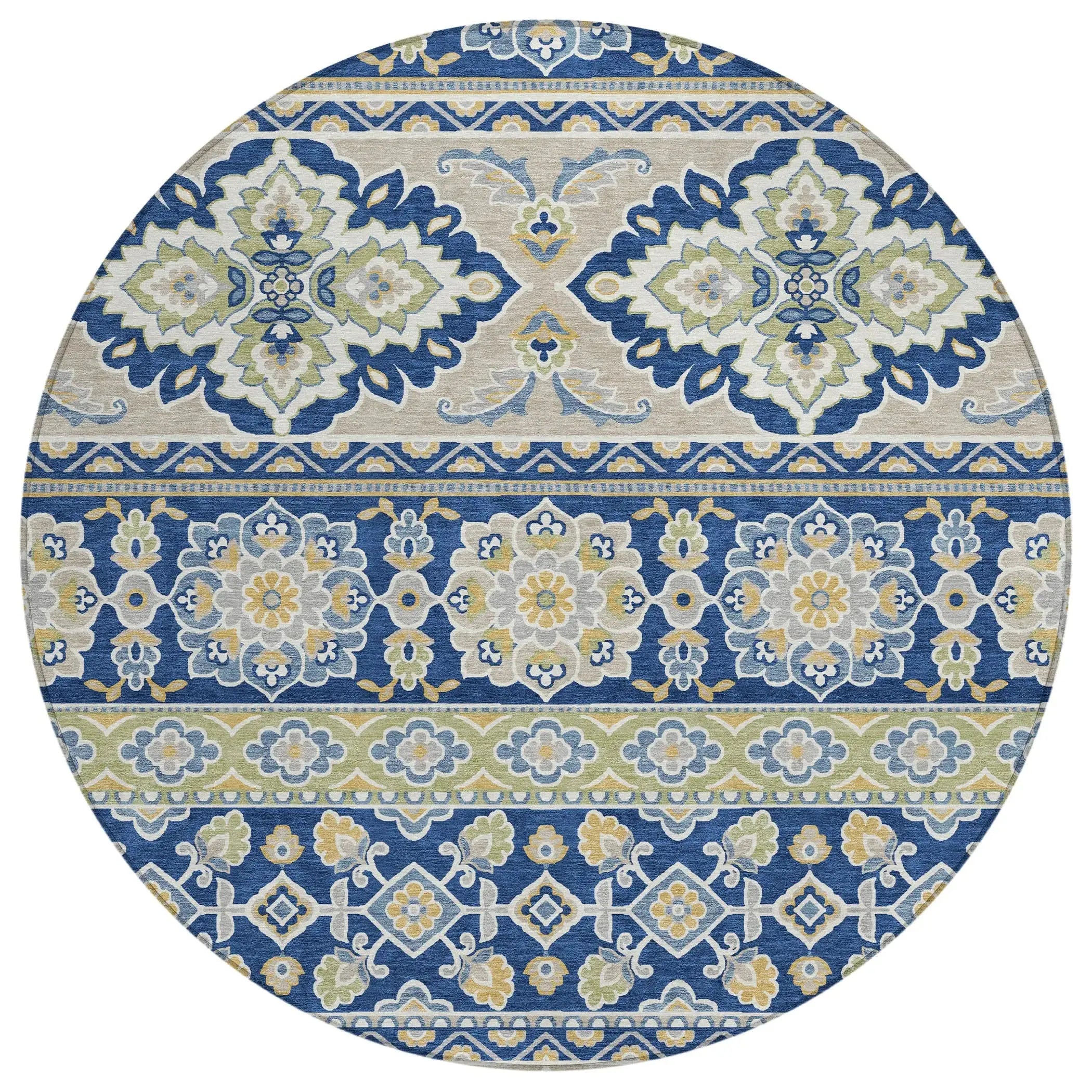 8' Navy Blue And Beige Round Tribal Washable Indoor Outdoor Area Rug Homeroots Outdoor