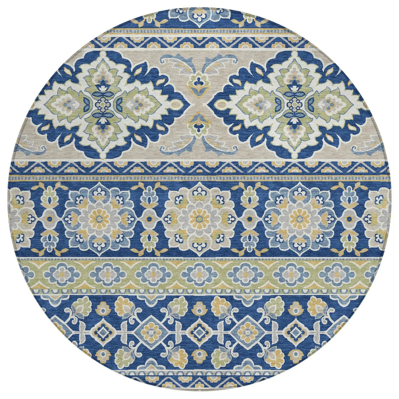 8' Navy Blue And Beige Round Tribal Washable Indoor Outdoor Area Rug Homeroots Outdoor