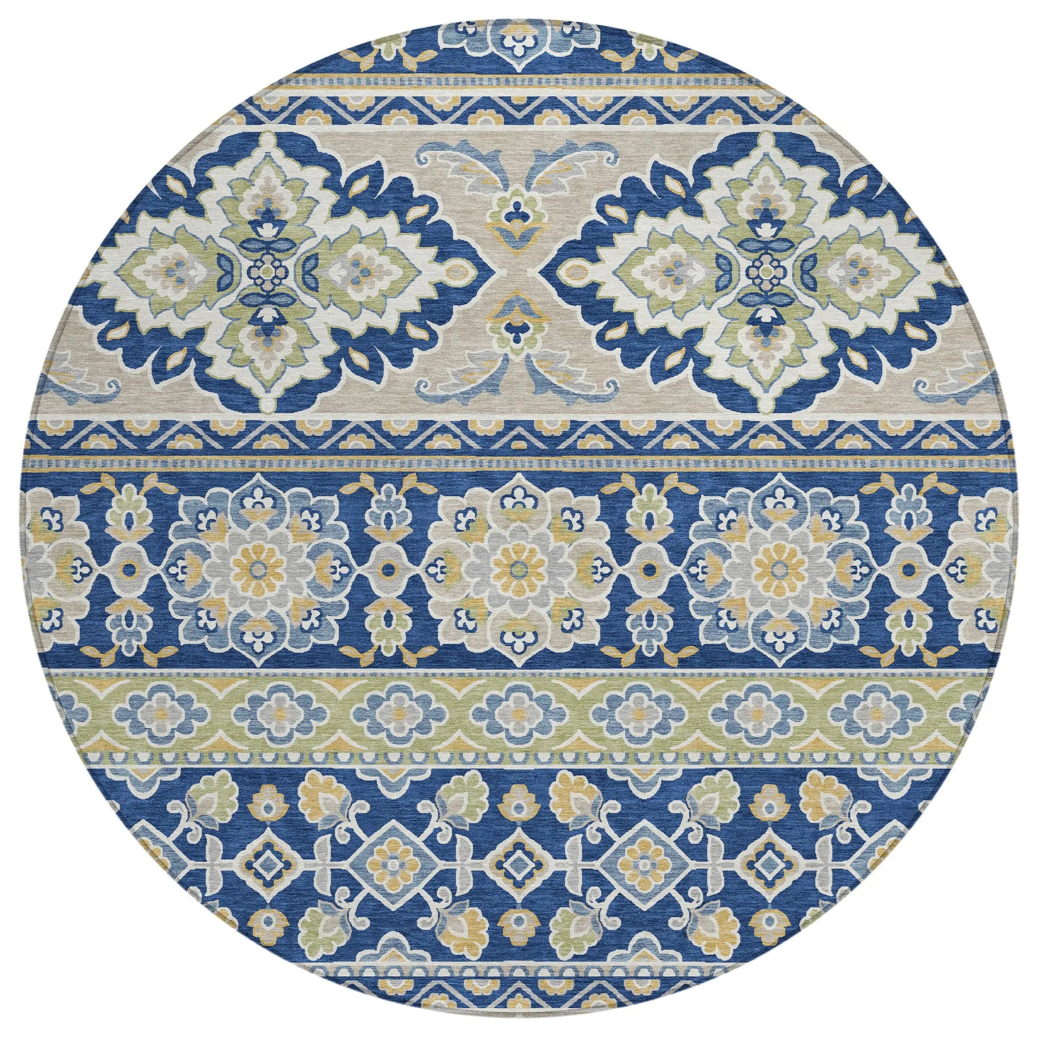 8' Navy Blue And Beige Round Tribal Washable Indoor Outdoor Area Rug Homeroots Outdoor